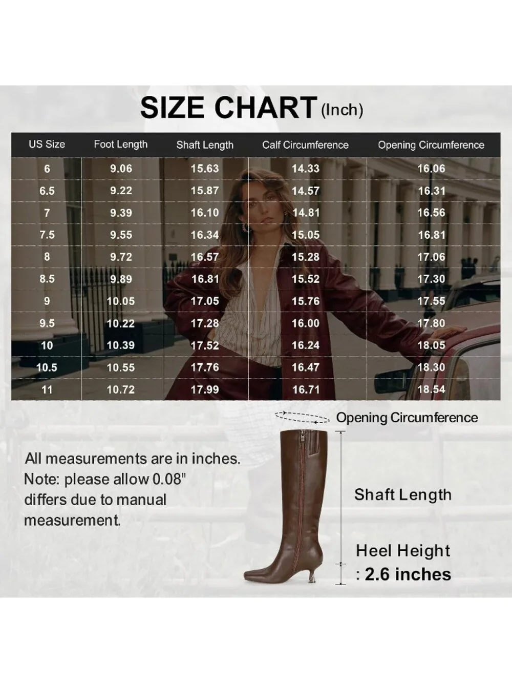 Women's Brown Square Toe Kitten Low Heel with Zipper Tall Dress Knee High Boots